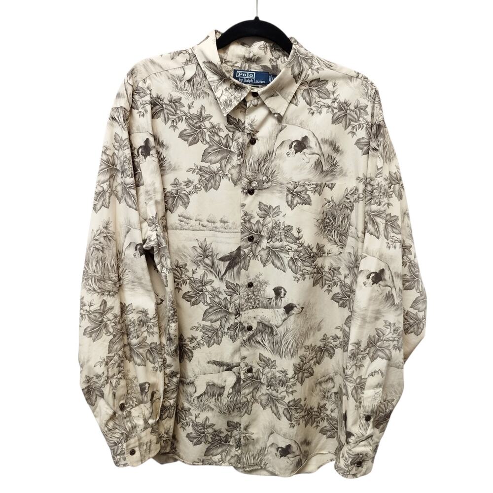 Vintage Polo Ralph Lauren Marlowe Hunting Dogs Print Button Up Shirt XL Heritage
